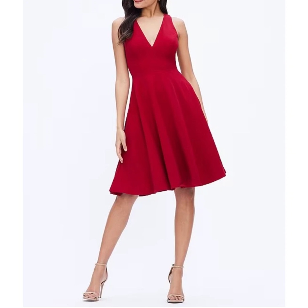 Dress the Population Red V-Neck Midi Dress